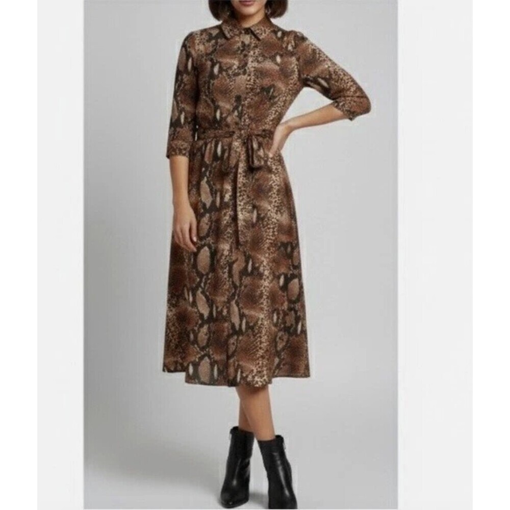 Caroline Constas Snake Print Brown 100% Cotton Button Front Belted Dress Medium